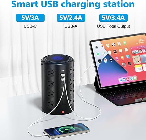 Miniatura 5 de Regleta de alimentación con protector de sobretensiones de torre (16 salidas de CA + 5 puertos USB incluyendo 2 tipos C), cable de extensión de 6