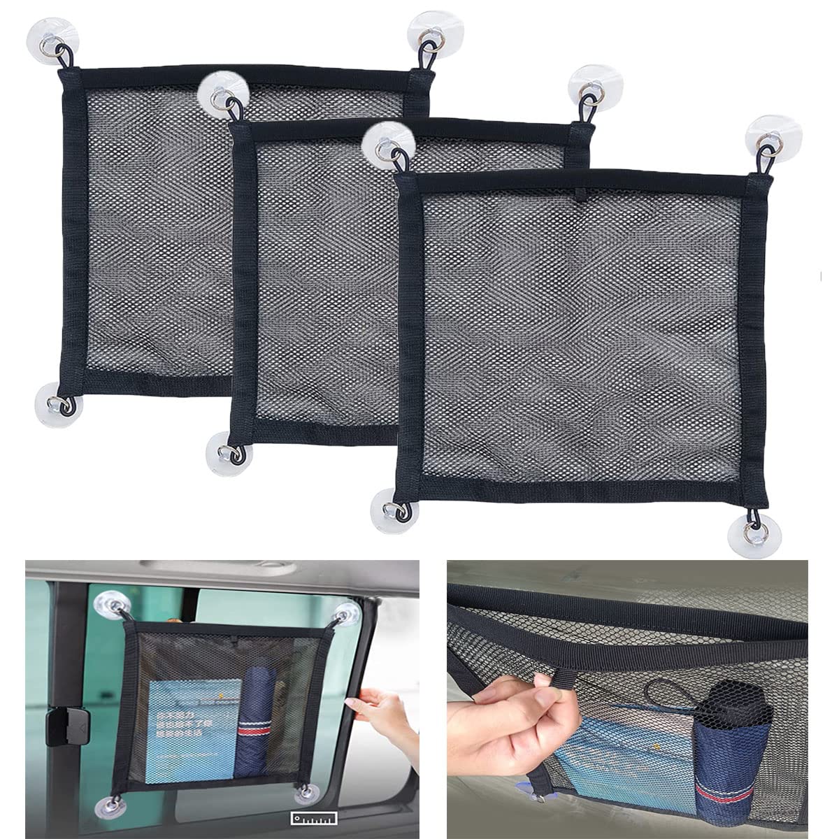 3 Stück Auto Aufbewahrungsnetz für Gepäck Autofenster-Saugnapf-Aufhängetasche Nylon-Mesh-Taschen-Organizer-Tasche für Transporter, Wohnmobile, Wohnwagen, Boote (3PCS-35X35cm)