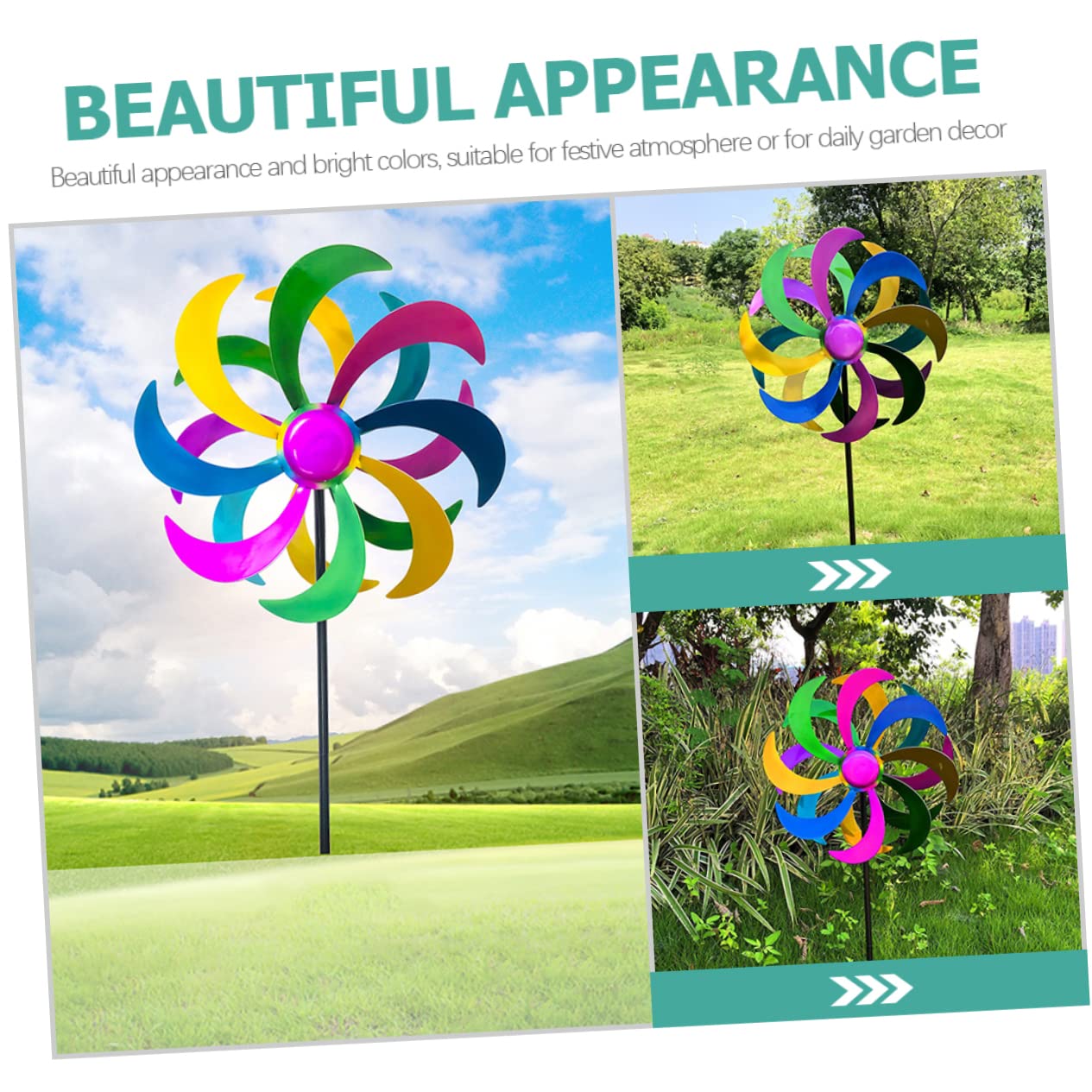 Abaodam Bunte Windmühle aus Eisen als Gartenstecker 1 Stück | Regenbogenfarben, Dekorative Ausführung, für Festliche Atmosphäre und Garten Deko, Schönes Design