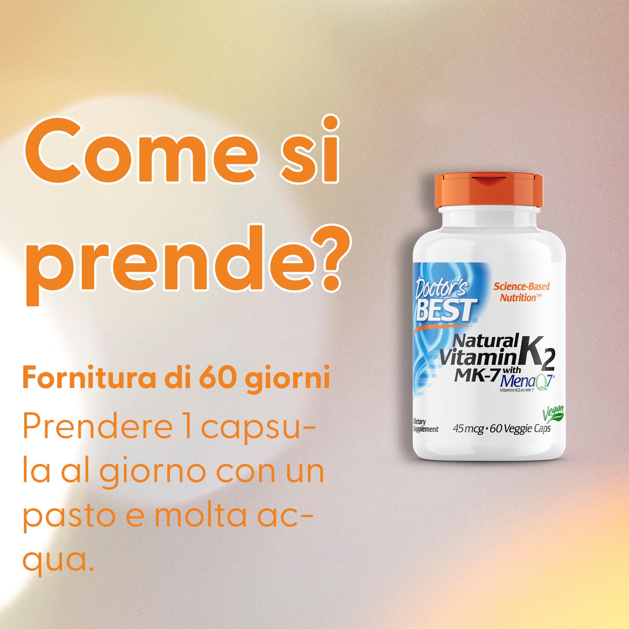 Doctor's Best, Natural Vitamin K2, MK-7 con MenaQ-7, 45mcg, 60 Capsule vegane, Testato in Laboratorio, Senza Glutine, Senza Soia, Vegetariano