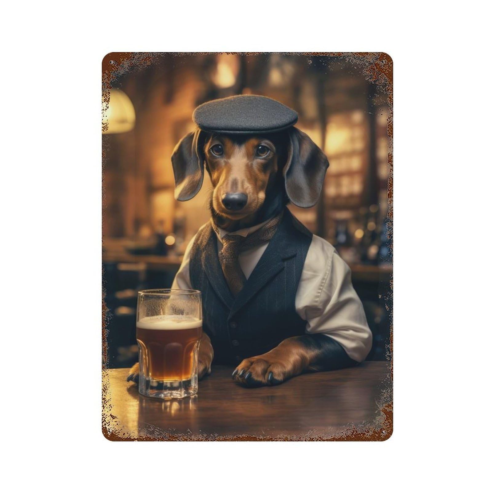 Weathered Tin Sign with Dachshund in The Pub Design 15.7"x11.8", for Basement, Hobby Room And Garage Decor, Industrial Home Decor