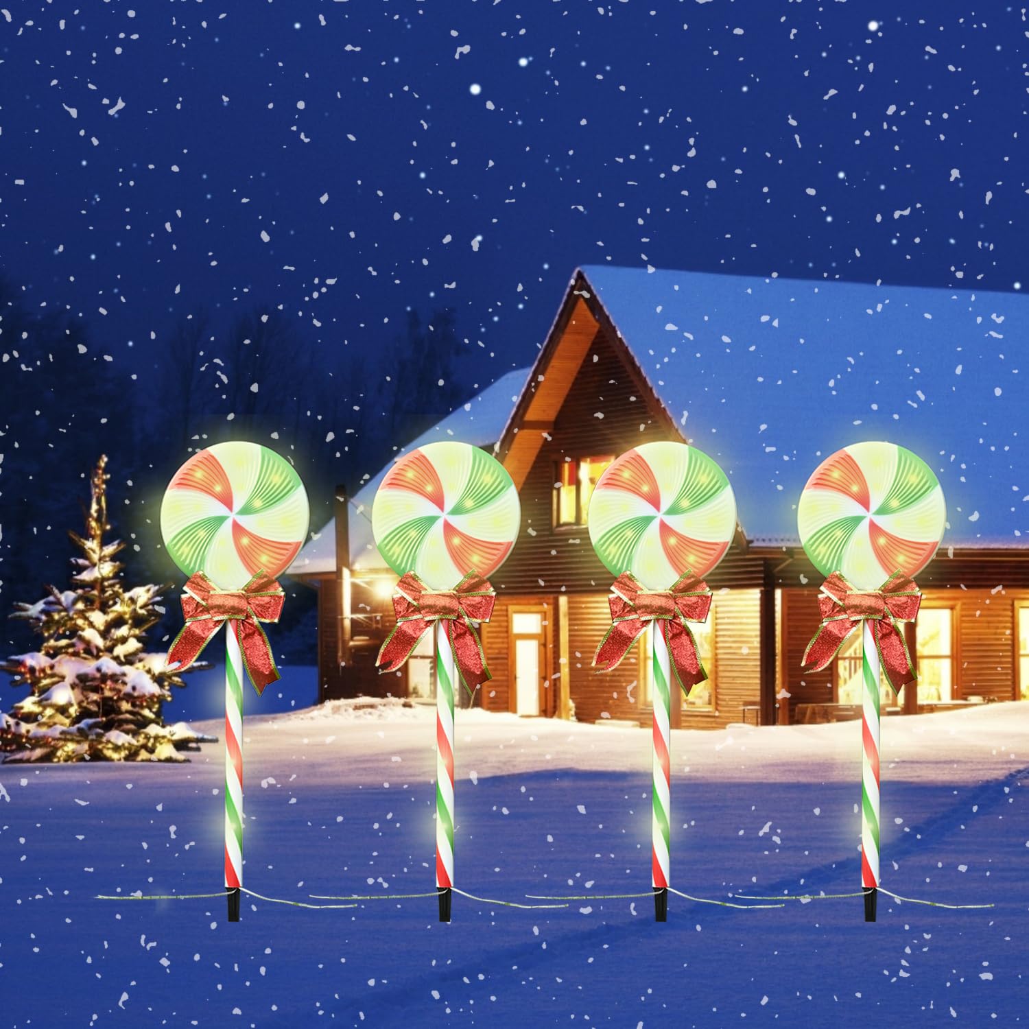 ( Similar)( 1 pack )4 Pack Lollipop Peppermint Christmas Pathway Lights Outdoor with Bows, Green Red White LED Candy Cane Lights 8 Modes Timer Waterproof, Walkway Markers for Xmas Outsides Garden Yard Decoration