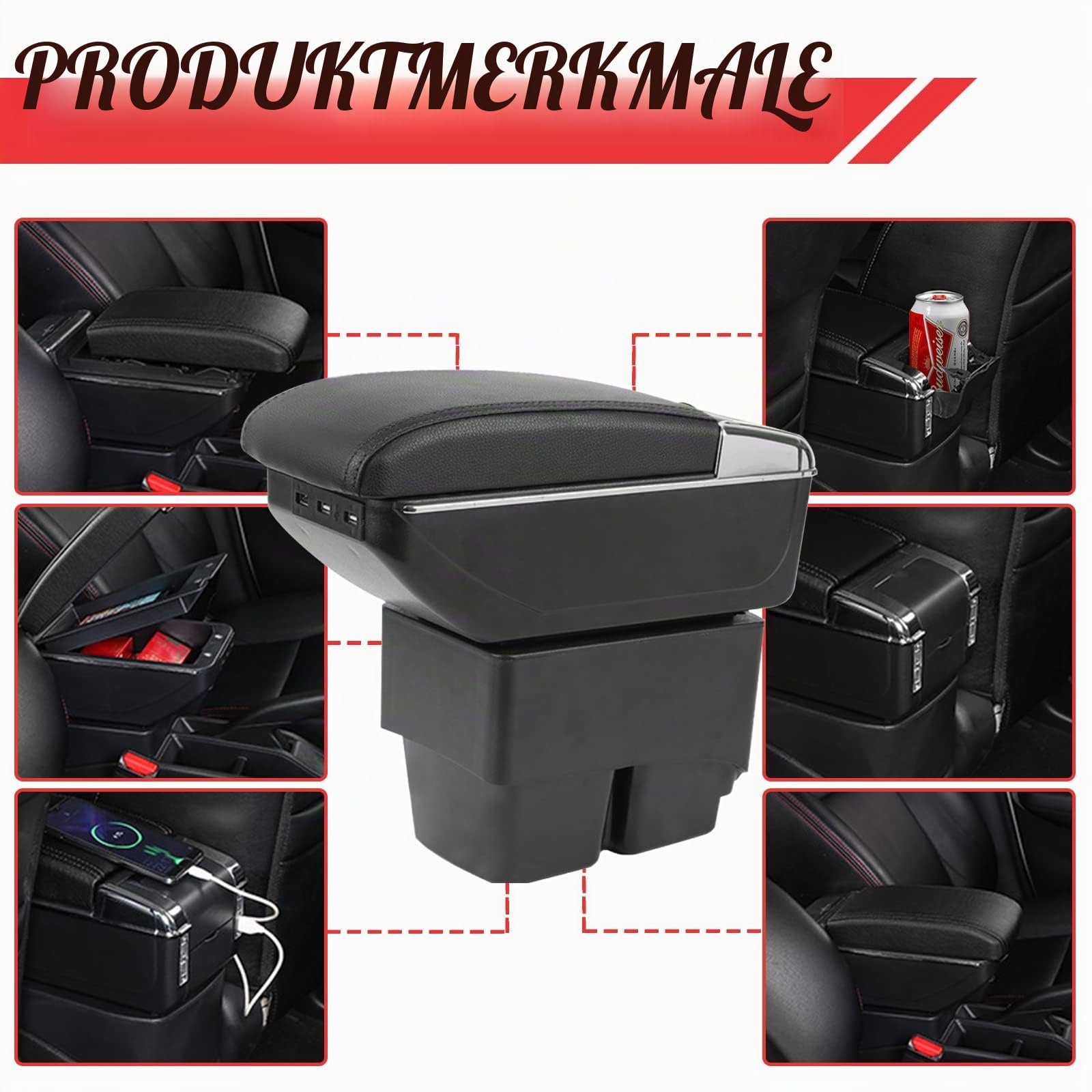 Auto Armlehnen für Fiesta 2009-2017, Zweilagige Armlehne mit 7 USB Ladeanschlüssen, Schwarzes PU Leder, Mittelkonsolen Aufbewahrungsbox