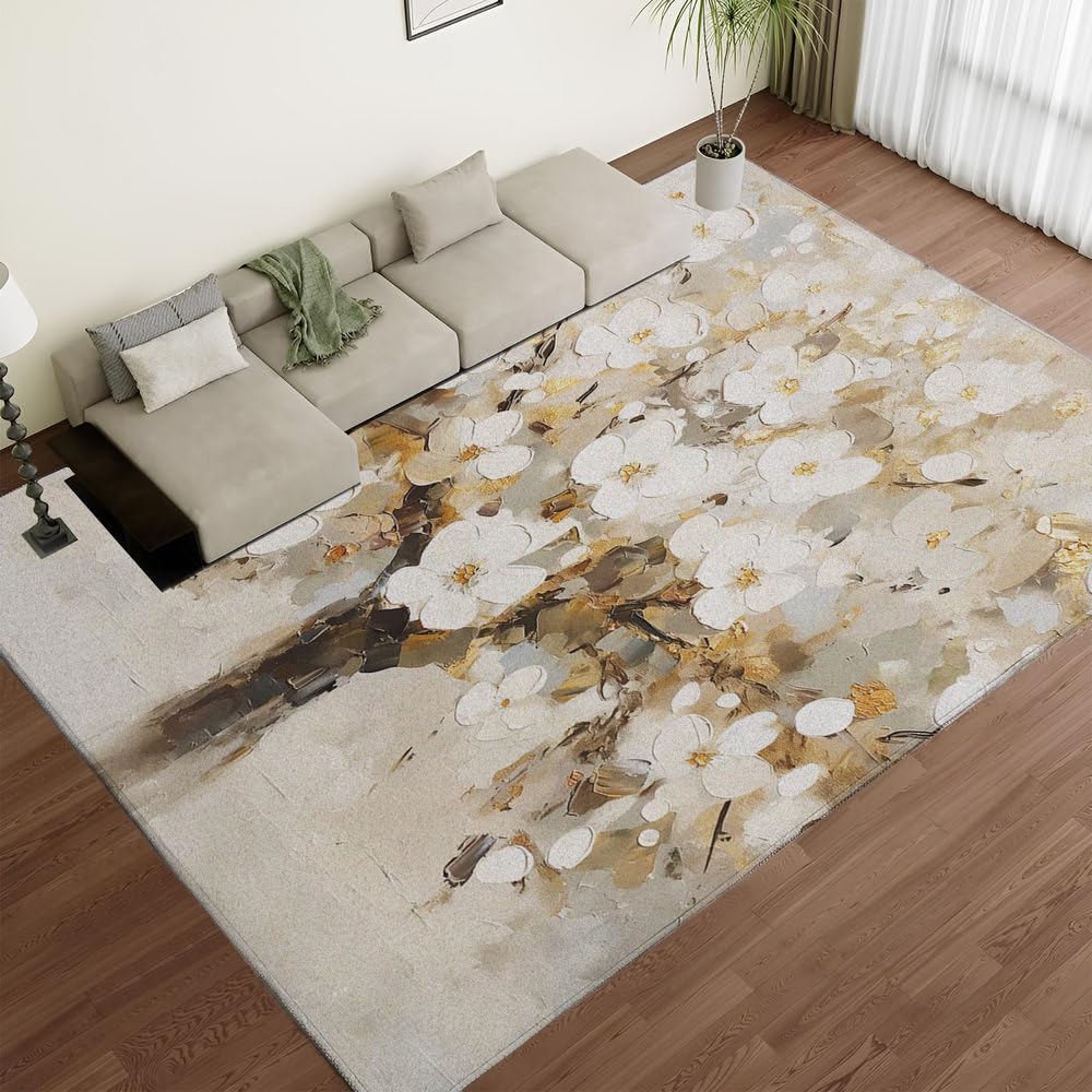 Tapis de salon 3D beige floral 200x300cm lavable et antidérapant
