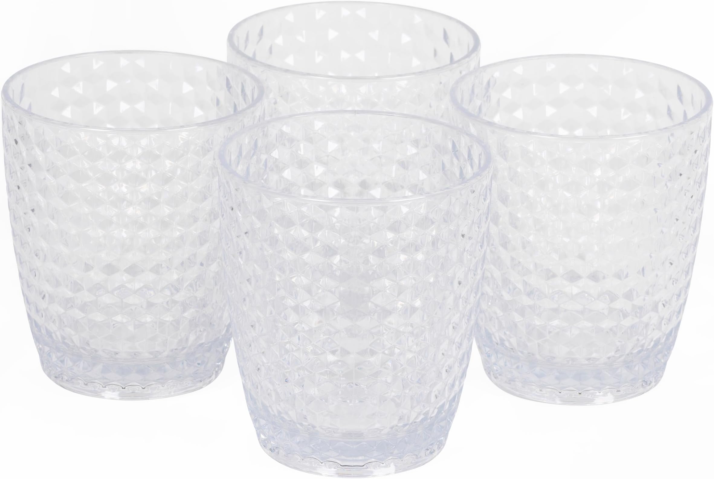 Cambridge Fete Plastic Tumbler Glasses – Set of 4 Reusable Drinking Cups, 340ml Capacity, Clear Diamond Effect BPA-Free Plastic, for Picnics, Camping, BBQ, Party, Outdoor/Indoor, Hot Tubs/Pools