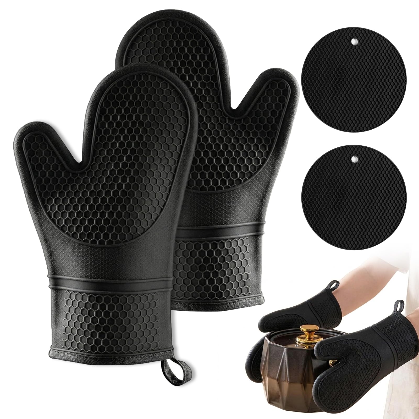 Carehabi Guanti da Forno e Presine Set da 4 Pezzi Silicone Guanti da Cucina Resistenti al Calore fino a 230°C con Trama a Nido d'Ape per Cuocere Barbecue e Cottura