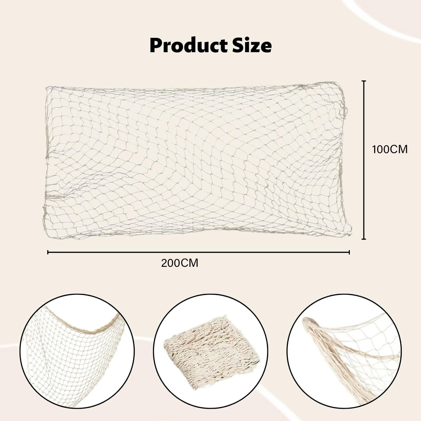1 filet de pêche décoratif (200 x 100 cm), filet de coton naturel, style méditerranéen et nautique, pour les fêtes sur la plage, le salon et la chambre à coucher