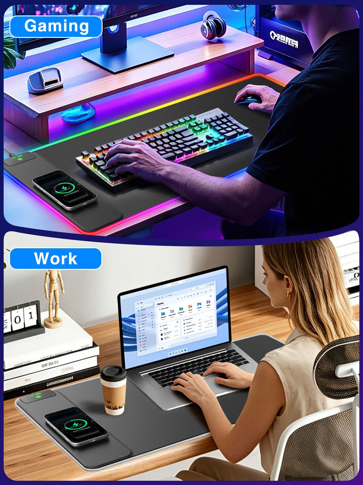 Tappetino per mouse RGB con ricarica wireless magnetica, 80 x 40 cm, grande tappetino da scrivania a LED, 24 effetti di luce, base in gomma antiscivolo, superficie ultra liscia impermeabile