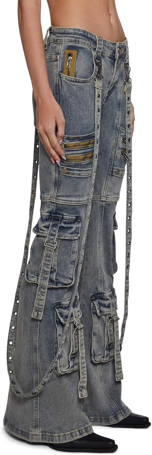 Dolls Kill Aurora Cargo Jeans by Generation Kiss – Low Rise Flared Denim Cargo Pants with Suspender Straps & Zipper Trim