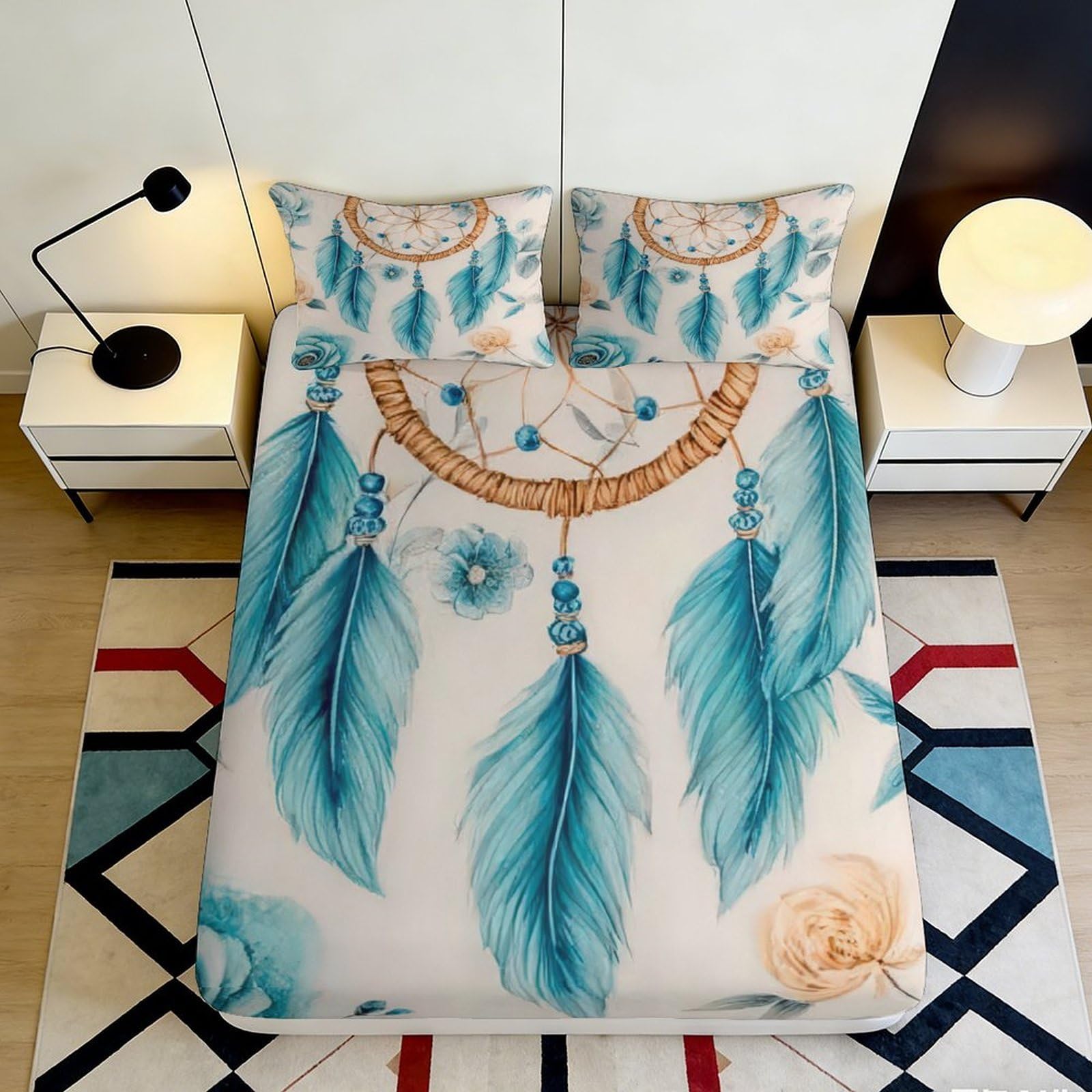 3D Printed Dreamcatcher Feather Fitted Sheet Microfiber Turquoise Floral Mattress Cover for Bedroom Dorm Mattress Decoration 90x200x25cm