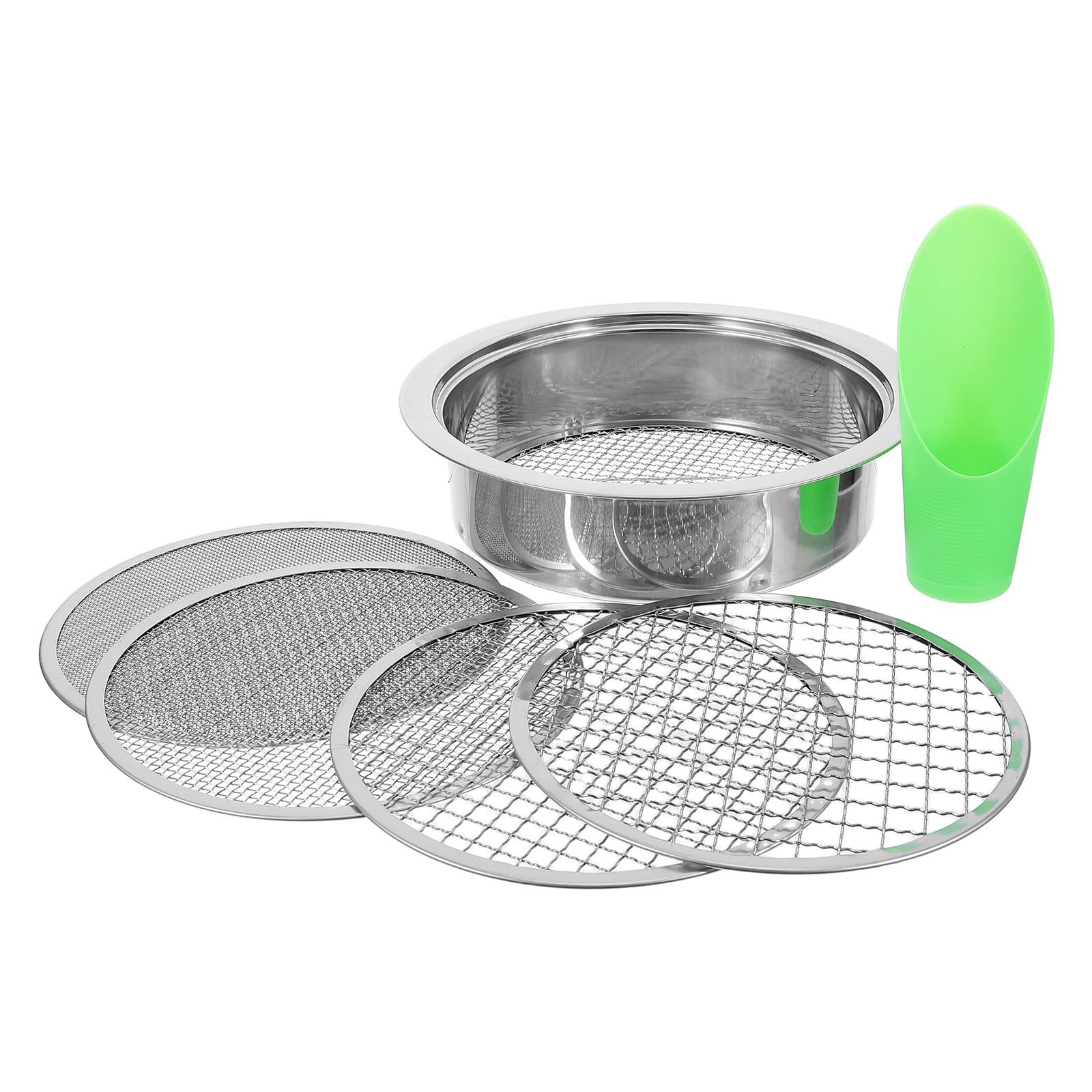 Lurrose 1 Set Setaccio da giardino per terriccio con rete di ricambio e paletta in plastica (fori da 1, 3, 6, 9, 12 mm) - Setaccio rotondo in acciaio inossidabile per roccia, compost, terra, spiaggia
