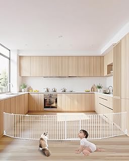 VEVOR Baby Gate, 192 Inches Extra Wide, 28 Inches High 8-Panel Foldable Dog Gate, for Child Pet Security, One-Hand Open, Install Between Two Walls or As a Fence, for Stairs and Doorways, White