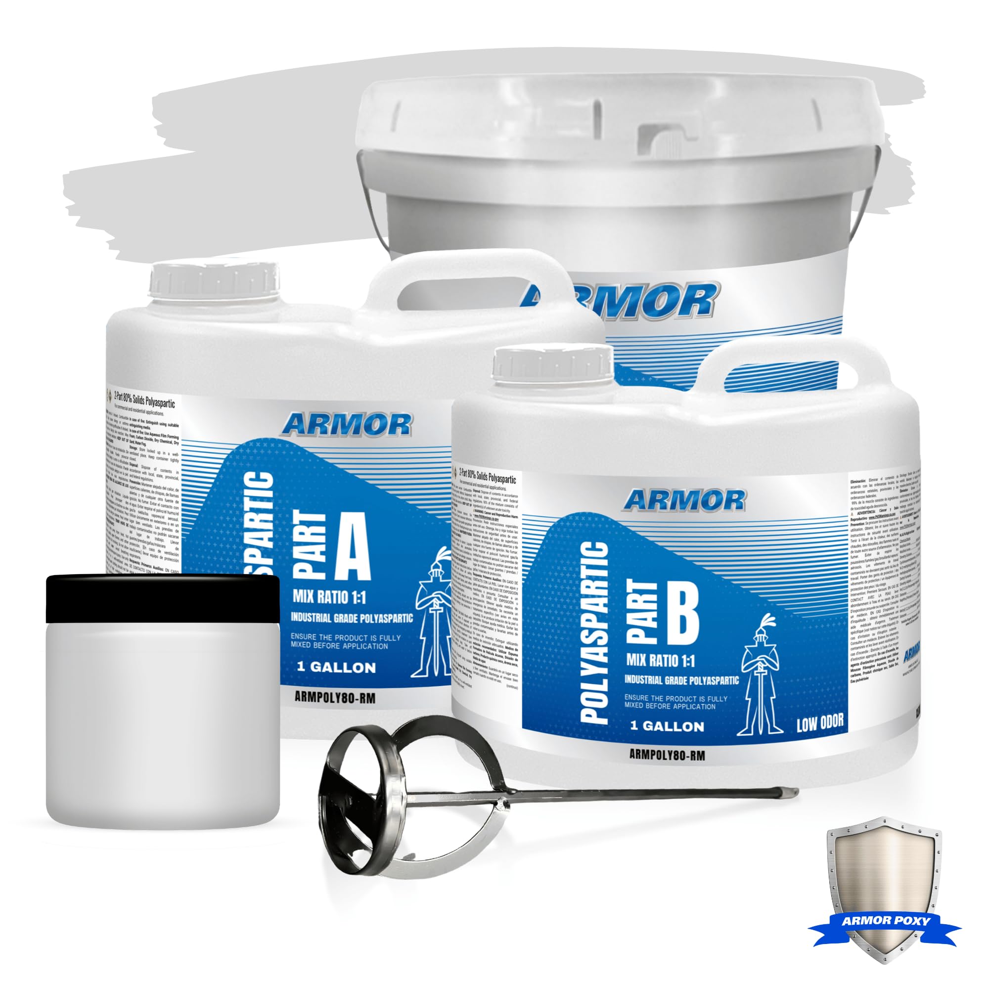 ArmorPoxy Polyaspartic Floor Coating - 2-Part Industrial Protective Fast Cure System - Strong Coating for Garage Floors, Warehouses, Automotive - 2 Gallons (Includes Light Gray Tint Pack)