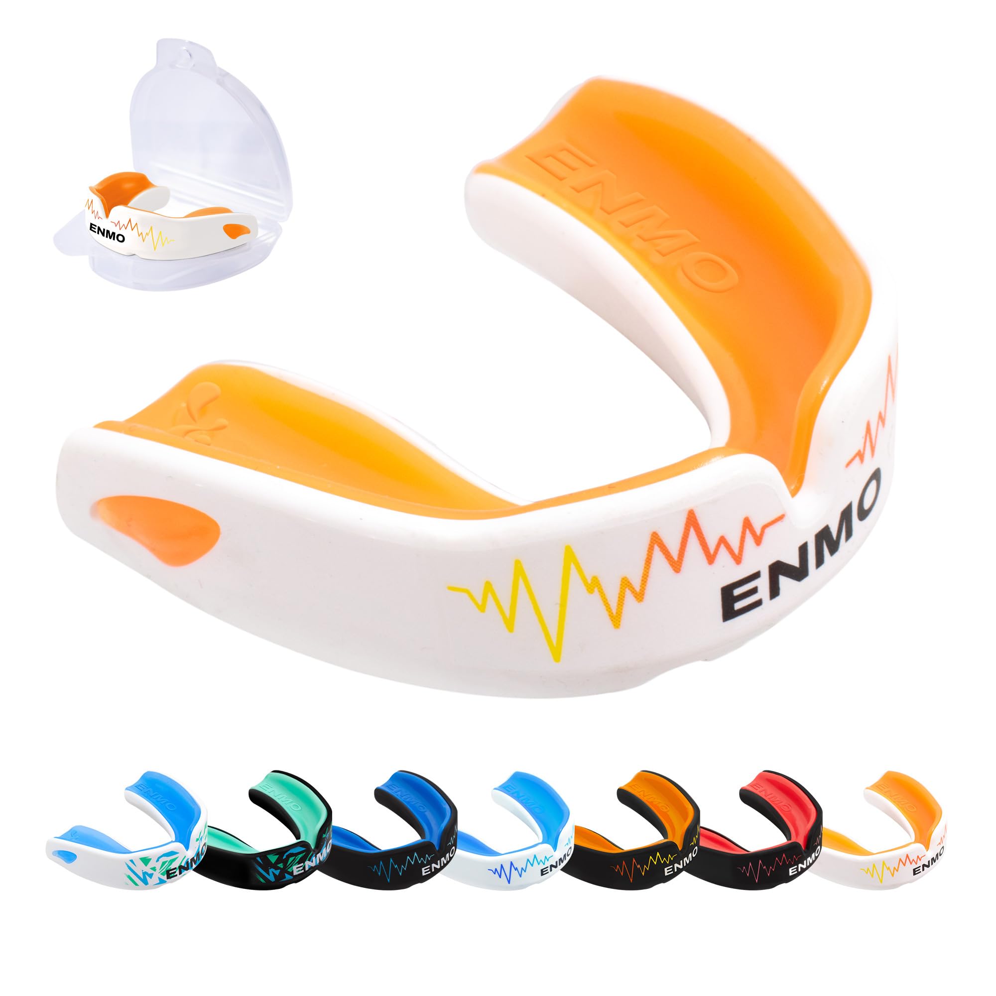 Enmo Maxilla Pro Gum Shield - Adult & Junior 10+ Mouth Guard with Case for Rugby, Boxing, Hockey and Contact Sports - Mouthguard with Boil & Bite, Breathing Channel Tech, Triple Layer - White/Orange