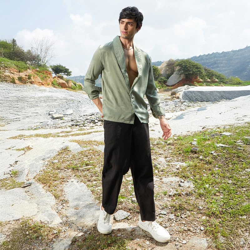 Image of CAHOOT Men's Olive Shirt Casual Wear | Shawl Collar | Long Sleeve | Button Closure | Shirt Crafted with Comfort Fit for Everyday Wear