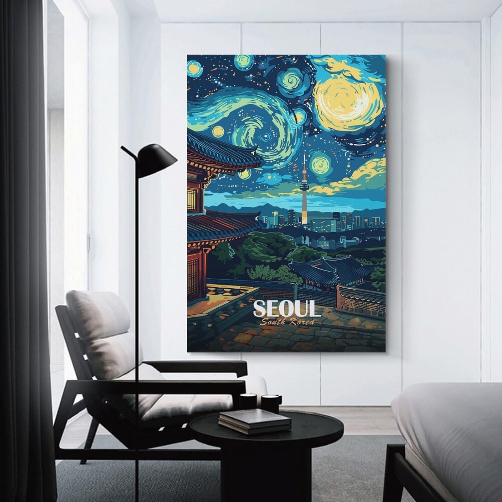 Junmoney Seoul, South Korea Nightscape Art Canvas Art Print, 24x36inch(60x90cm), for Picture Wall Styling in Lounge Or Bedroom, Wall Decor Suited to Curated Displays