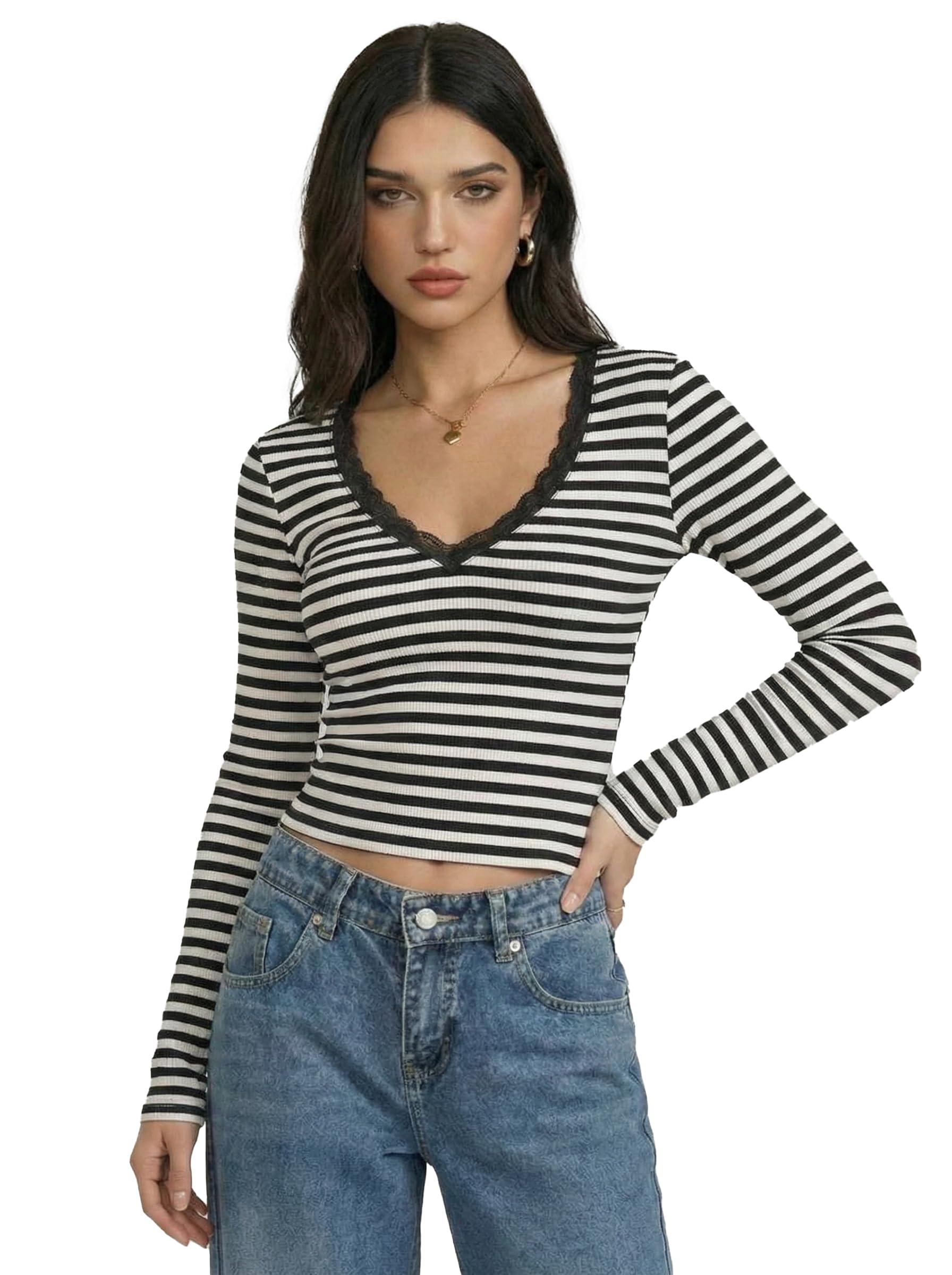 istyle can Women's Ribbed Knit Horizontal Striped Lace-Trimmed Crop Top for Casual Weekend Wear | Slim Fit V-Neck Long Sleeve Tee - Y2K Aesthetic-picture-49