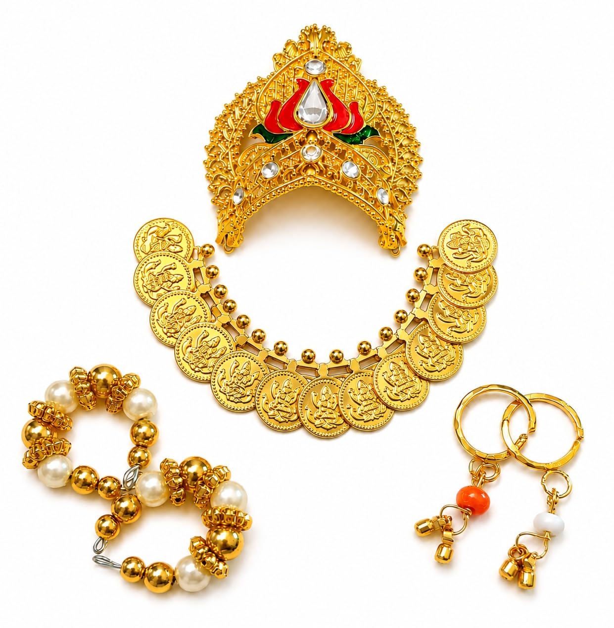 SEER Laddu Gopal Shringar Set with Mukut, Mala, Kundal & Hath Chain | Golden Beads Jewellery, Bal Gopal Pooja Decor, Size 0 to 3, Thakur Ji Jewellery, 4-Piece Set-image-39