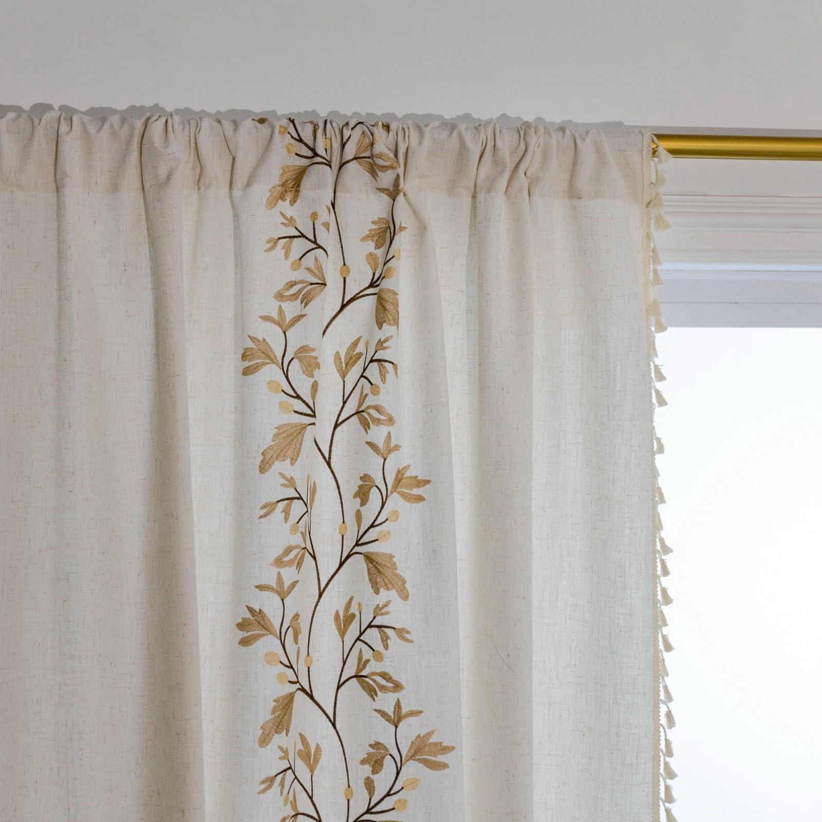 A.Monamour Tenda per Interni Traslucido Semi Oscurante Boho Decorativo con Nappe Floreale in Cotone Tessuto Tende a Pannello Porta Finestra per Camera da Letto Soggiorno Cucina, 1 Pezzo, fiori dorati