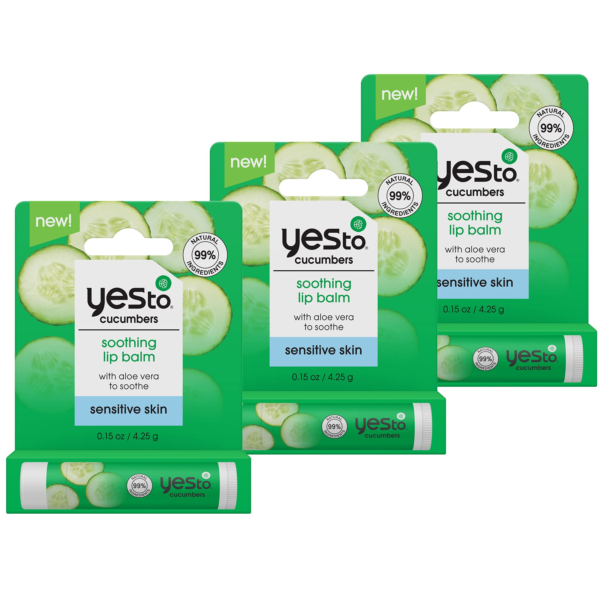 Yes ToCucumber Soothing Lip Balm, Hydrating Non-Sticky Salve That Calms Dry Cracked Lips, Locks In Moisture & Glides On Smoothly, With Aloe Vera & Castor Oil, Natural & Cruelty Free, 0.15 Oz, 3-Pack