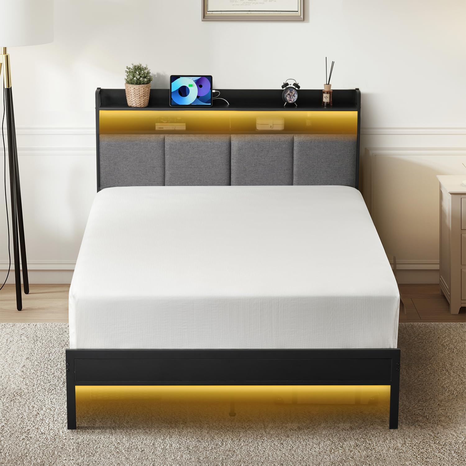 Z-hom Twin Bed Frames, Upholstered Upgraded Metal Bed Frame with LED Lights Headboard & Footboard, Bed Furniture with Charging Station Ports & Storage Shelves, Easy Assembly Bed Frame, Noise Free