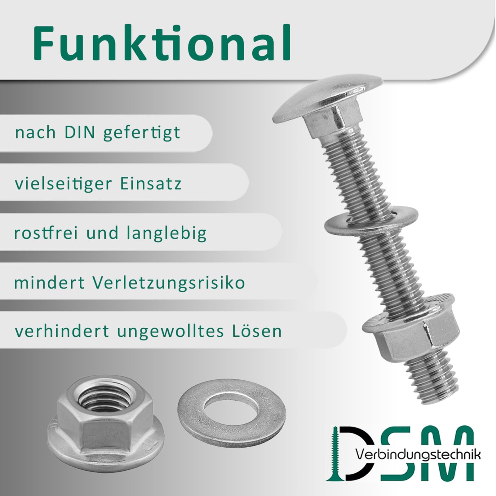 DSM – śruby zamkowe M12 x 25 mm zgodnie z DIN 603 – nakrętka kołnierzowa M12 z zębami blokującymi DIN 6923 i podkładką DIN 125 – stal nierdzewna A2/V2A – śruby z łbem płaskim – nakrętka sześciokątna