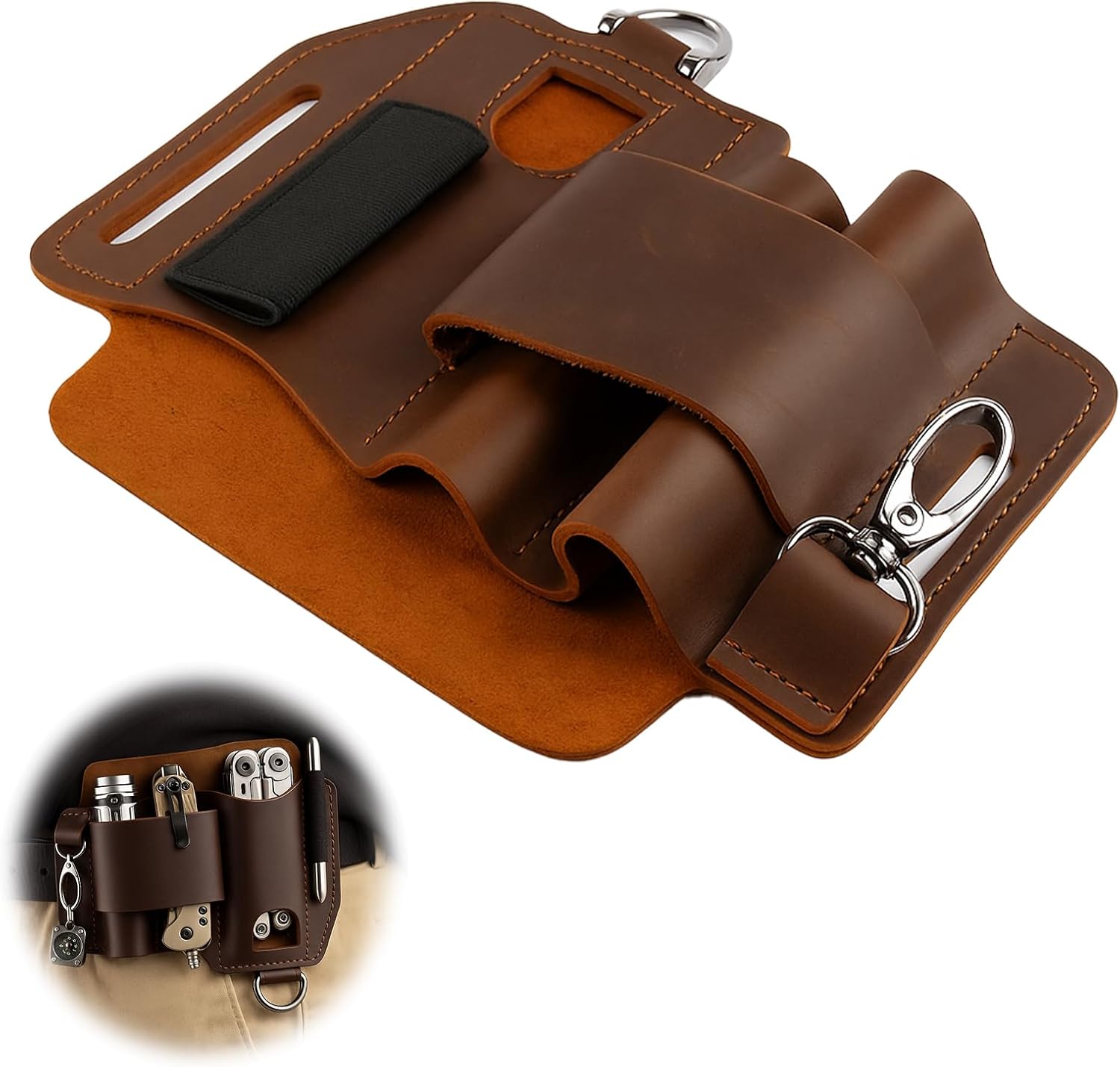 Leather Multitool Pouch and Sheath for Boy Friend Gift, Heavy-Duty Belt Holster for EDC Gear, EDC Belt Organizer for Work and Daily Use, Leather Organizer Fits Flashlight, Pen, Keys, Dark Brown