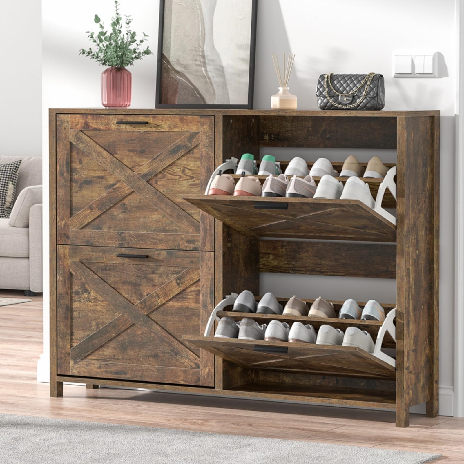 Skokliz Large Shoe Storage Cabinet with 4 Flip Drawers, Narrow Shoe Cabinet for Entryway with Wooden Legs, Freestanding Hidden Shoe Rack Organizer ＆