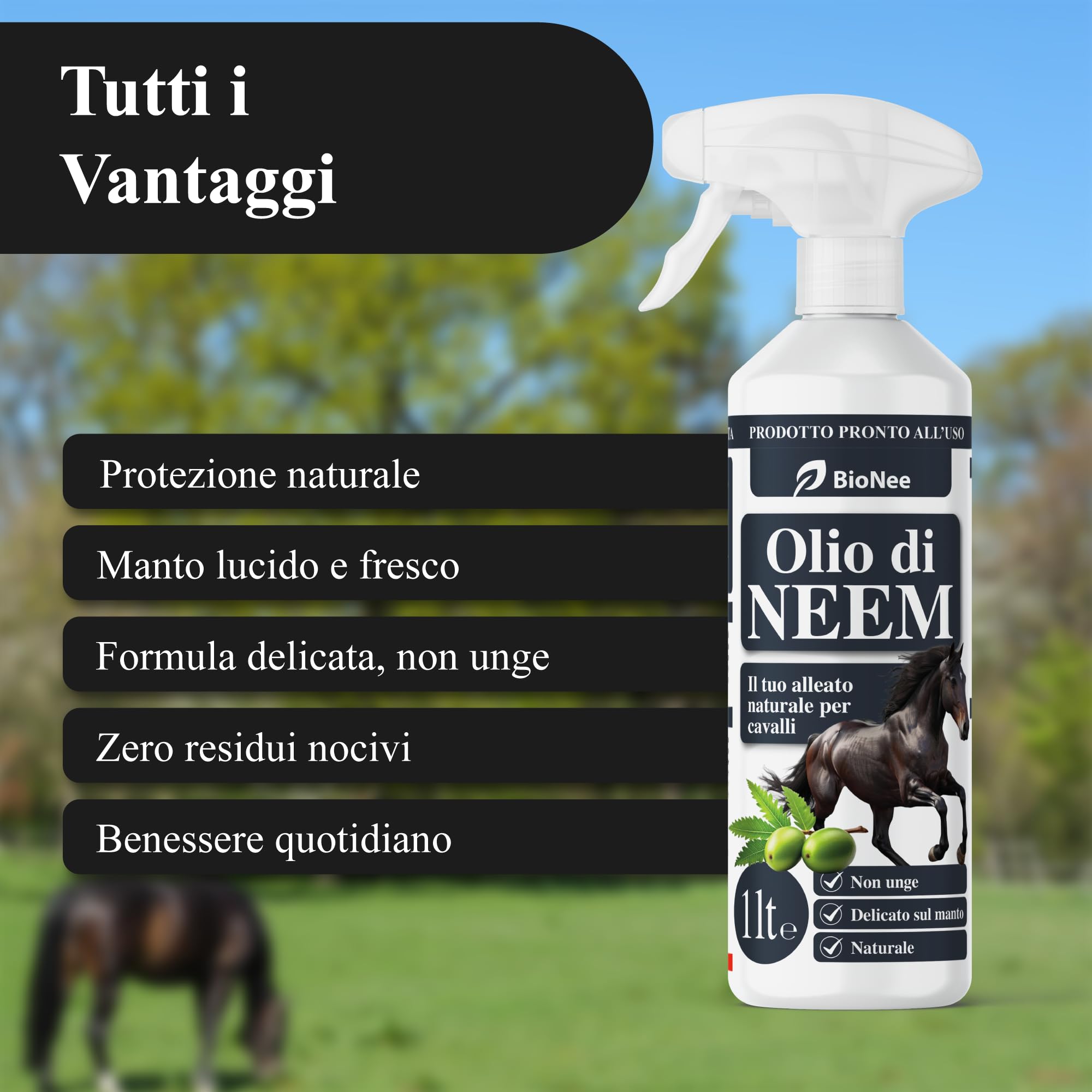 Huile de Neem Spray Chevaux 1L - Lotion Naturelle prête à l'emploi, Action Protection contre les Insectes et les Parasites, Non Onge, Doux sur le Mant, Hydrosoluble