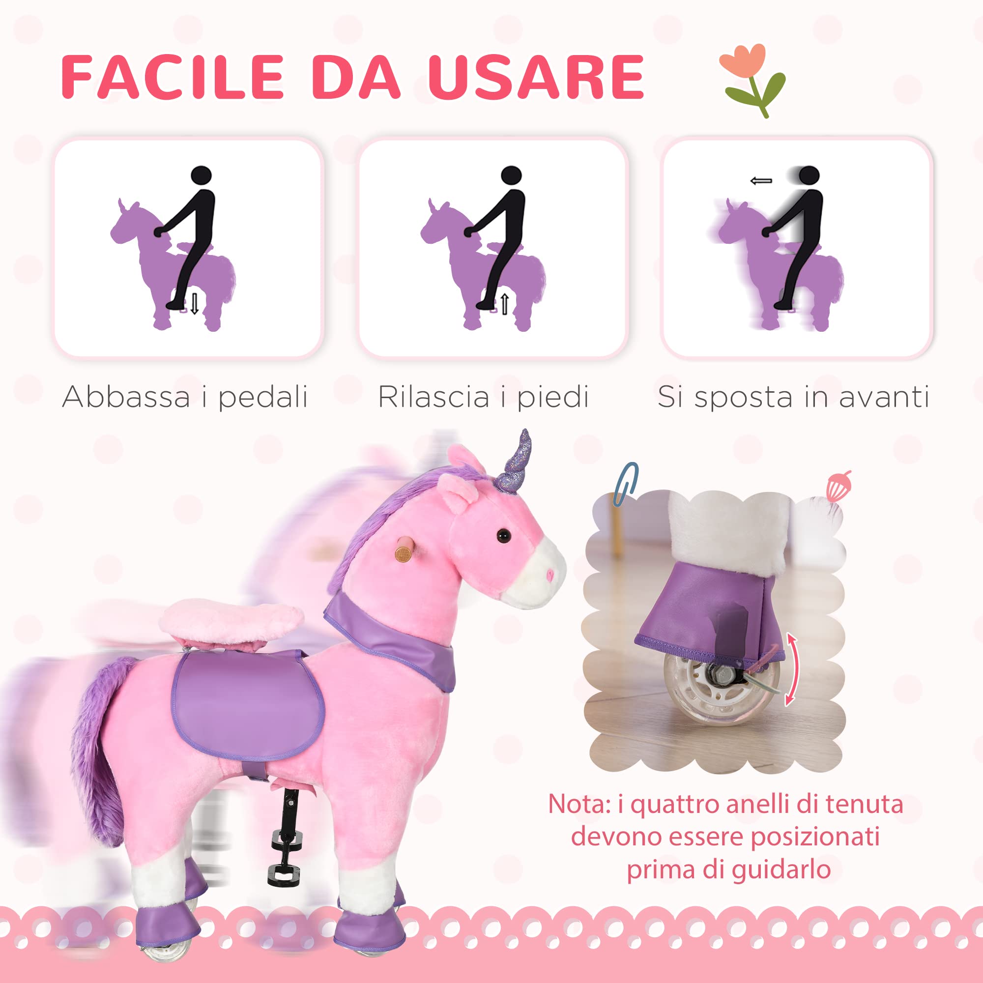 HOMCOM Cavallo a Dondolo con Ruote per Bambini 3-6 Anni 70x32x87cm Rosa | Giocattolo da Equitazione a Forma di Unicorno, Gioco Cavalcabile