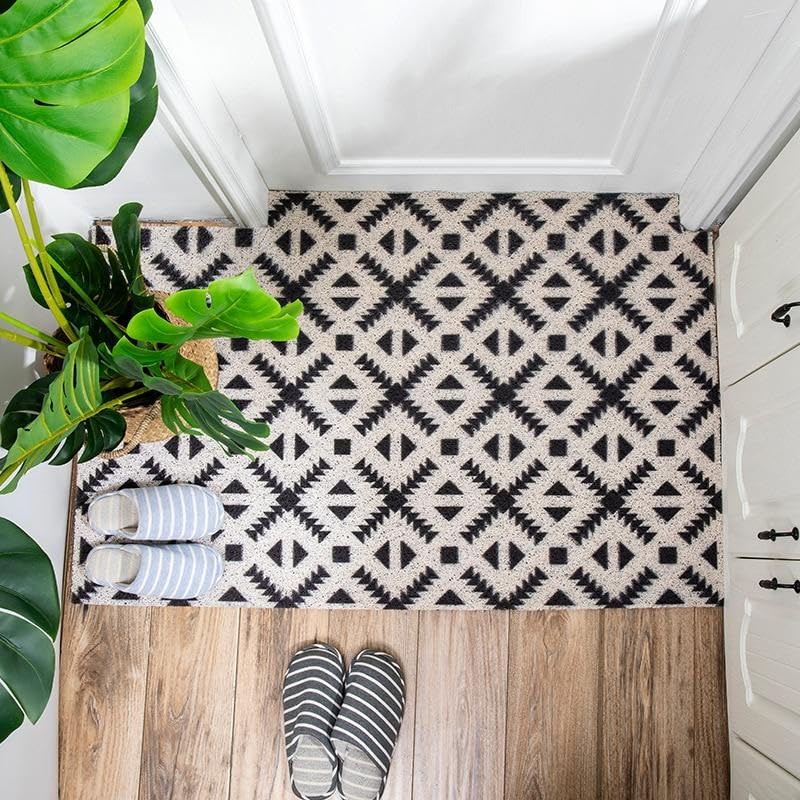 Feblilac Black & White Mosaic Entrance Door Mat Anti Skid Doormat, PVC Coil Door Mats for Home, Washable Entryway Doormat