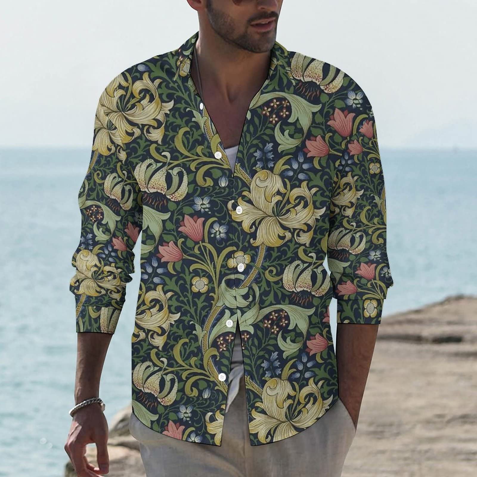 Amazon.co.jp: shirt men's open collar shirt william morris long