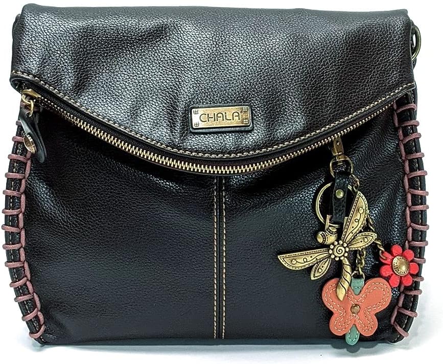 CHALA Charming Crossbody Bag Shoulder Handbag With Flap Top and Zipper (Black_ Dragonfly 3)
