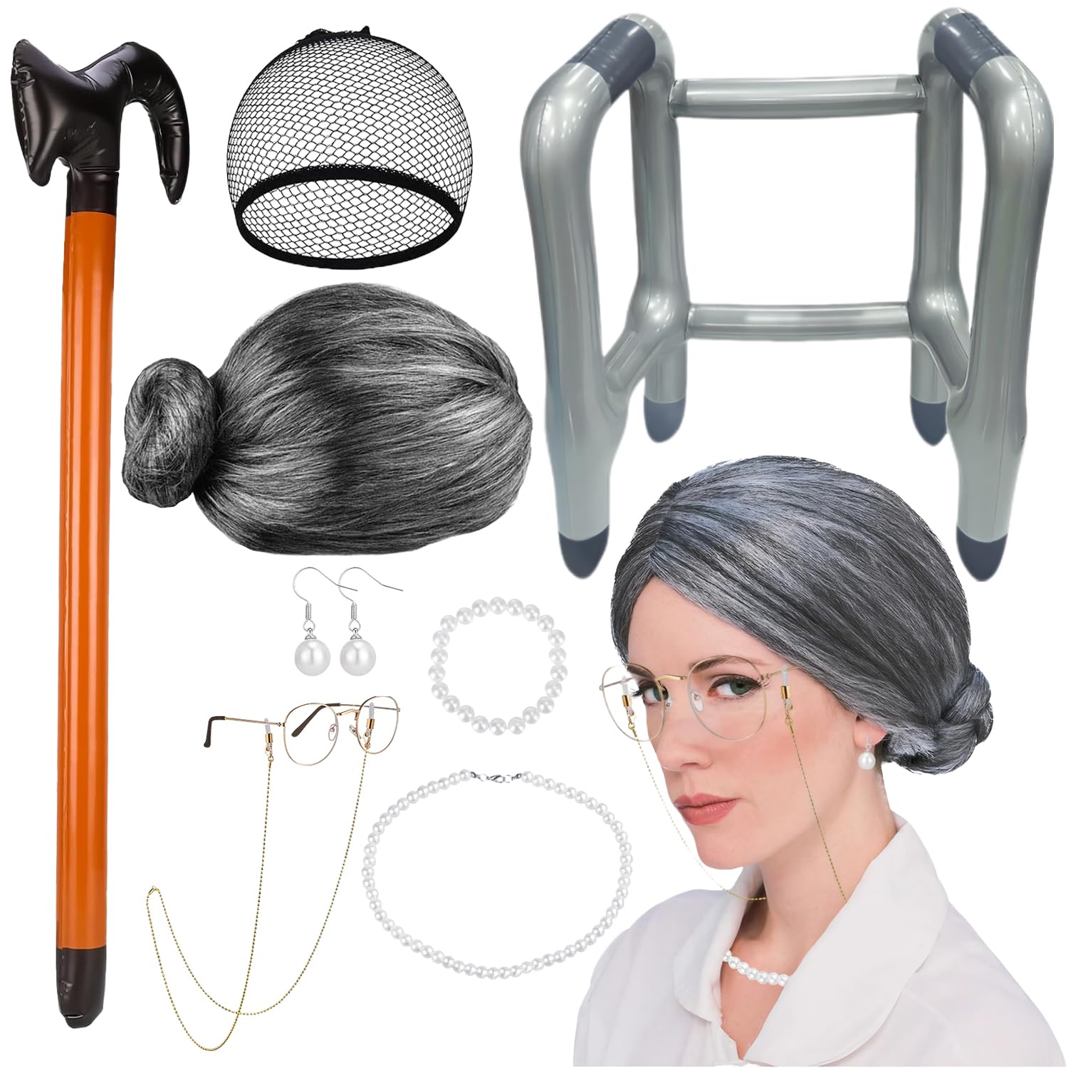 9 Stück Oma Kostüm Rentner Kostüm Perücke Grau Brillenketten Perlenohrringe Armbänder Halsketten Spazierstöcke Haarnetze Aufblasbarer Gehhilfe für Rollenspiel Halloween Karneval