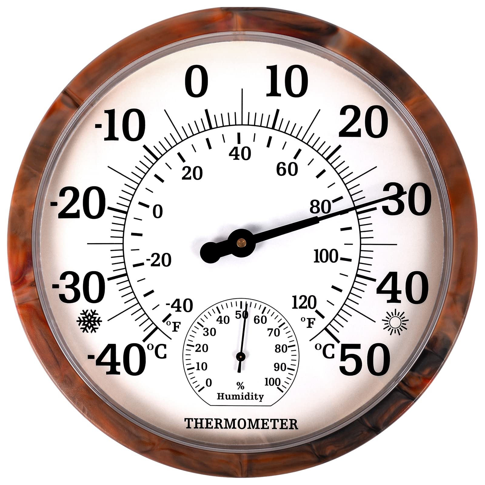 Indoor Outdoor Thermometer Hygrometer - 10 Zoll Außenthermometer Große Zahlen, 2 in 1 Thermometer Hygrometer, Außenthermometer für Terrasse (Brown)