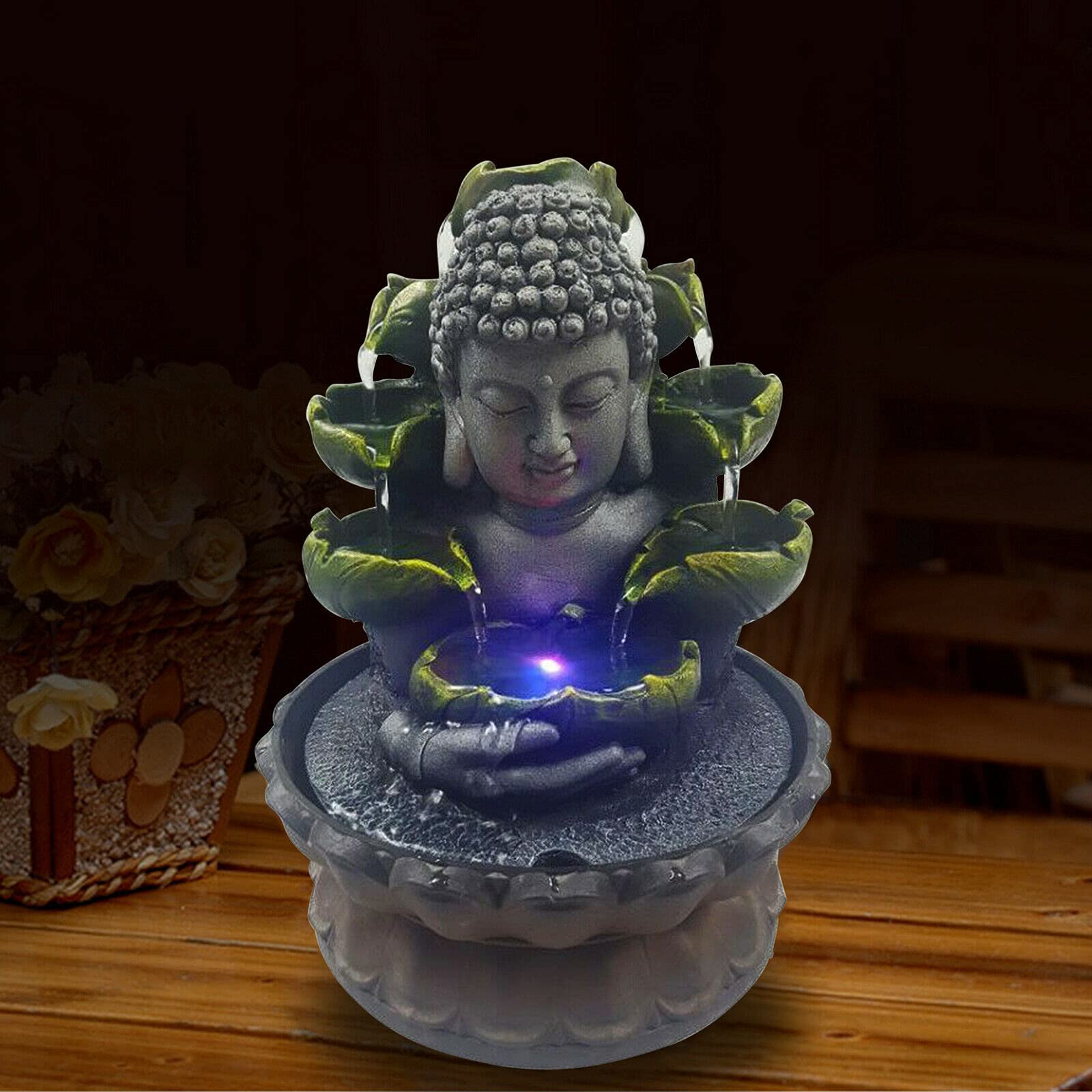 Fontaine d'intérieur Bouddha Décor d'intérieur en résine avec lampe LED 4 couleurs