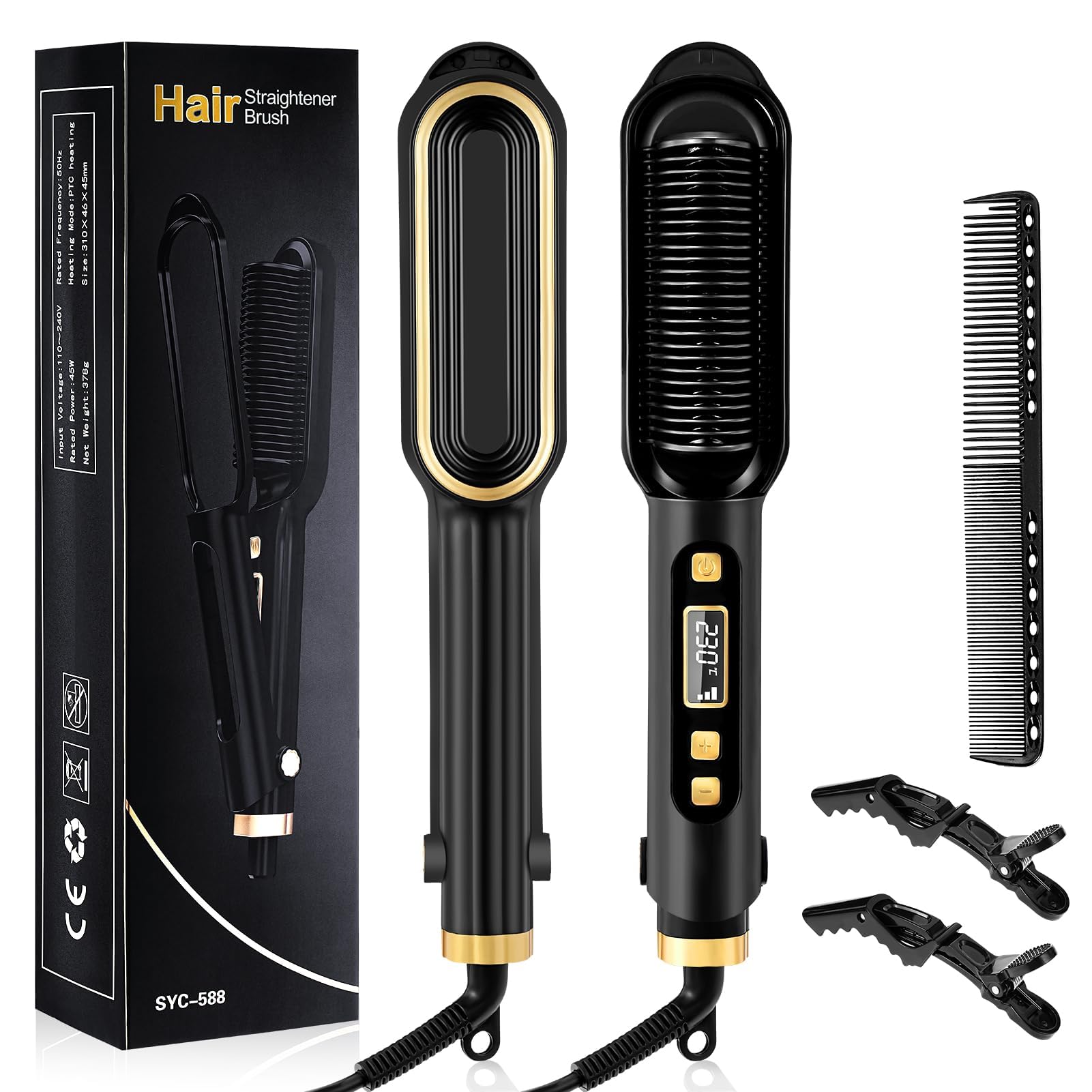 Hair Straightening Brush 2 in 1 30s Fast Heating LCD Display Ionic Hair Straightener Brush Hot Comb Heating Smoothing Brush with 16 Heating Settings Negative Ion Straightener Comb 360° Rotating Cord