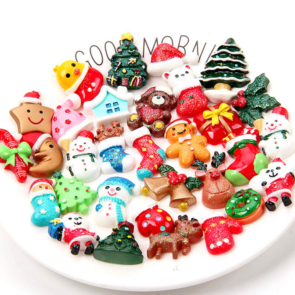 50pcs Christmas Charms Resin Saint Santa Snowman Tree Bell Deer Candy Cane Flatback Beads for Handcraft Christmas Indoor Outdoor Decoration - Image 3