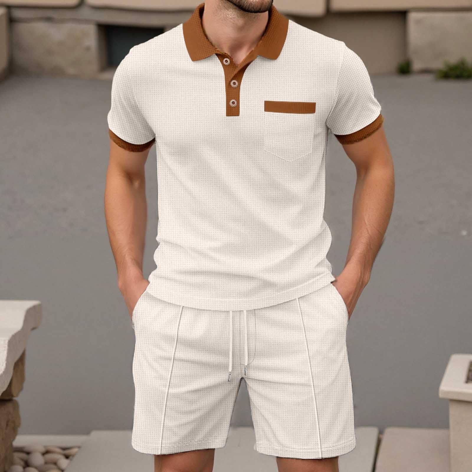 Generico Tuta Completa Uomo Con Colletto Reversibile E Tasche Maglietta A Maniche Corte E Pantaloncini Corti Set Casual Elegante Traspirante E Comodo Per L'Estate Completo Uomo Estivo