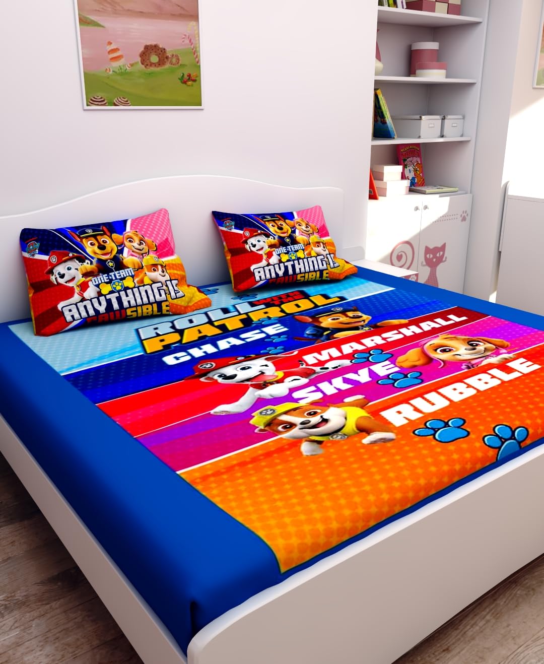 Athom Living Paw Patrol Digital Printed Cotton Kids Double Bedsheet 270x270 cm with Pack of 2 Pillow Cover-image-41