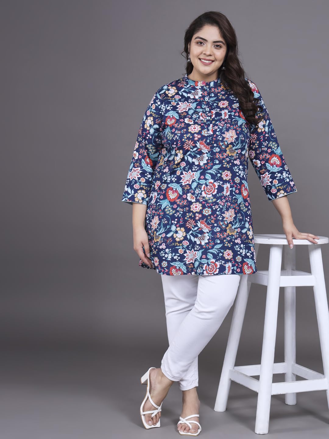 Tissu Women's Plus Size Navy Blue Floral Printed Pure Cotton Kurti (2268_Blue_6Xl)
