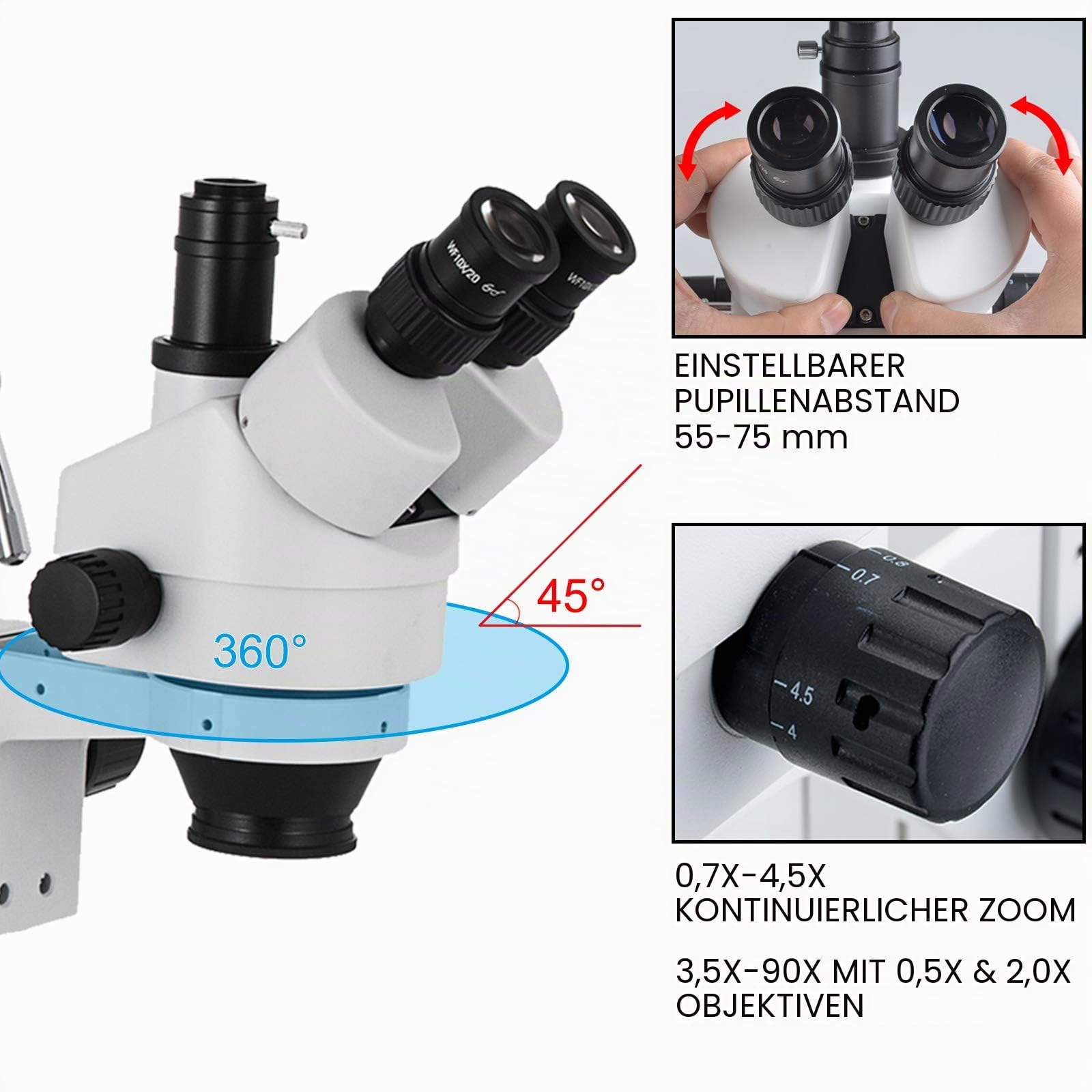 VEVOR 3,5X-90X Trinocular Zoom Stereo Microscope Al-Zn-Legierung 360 Grad Drehbar Dual Armstativ Labor