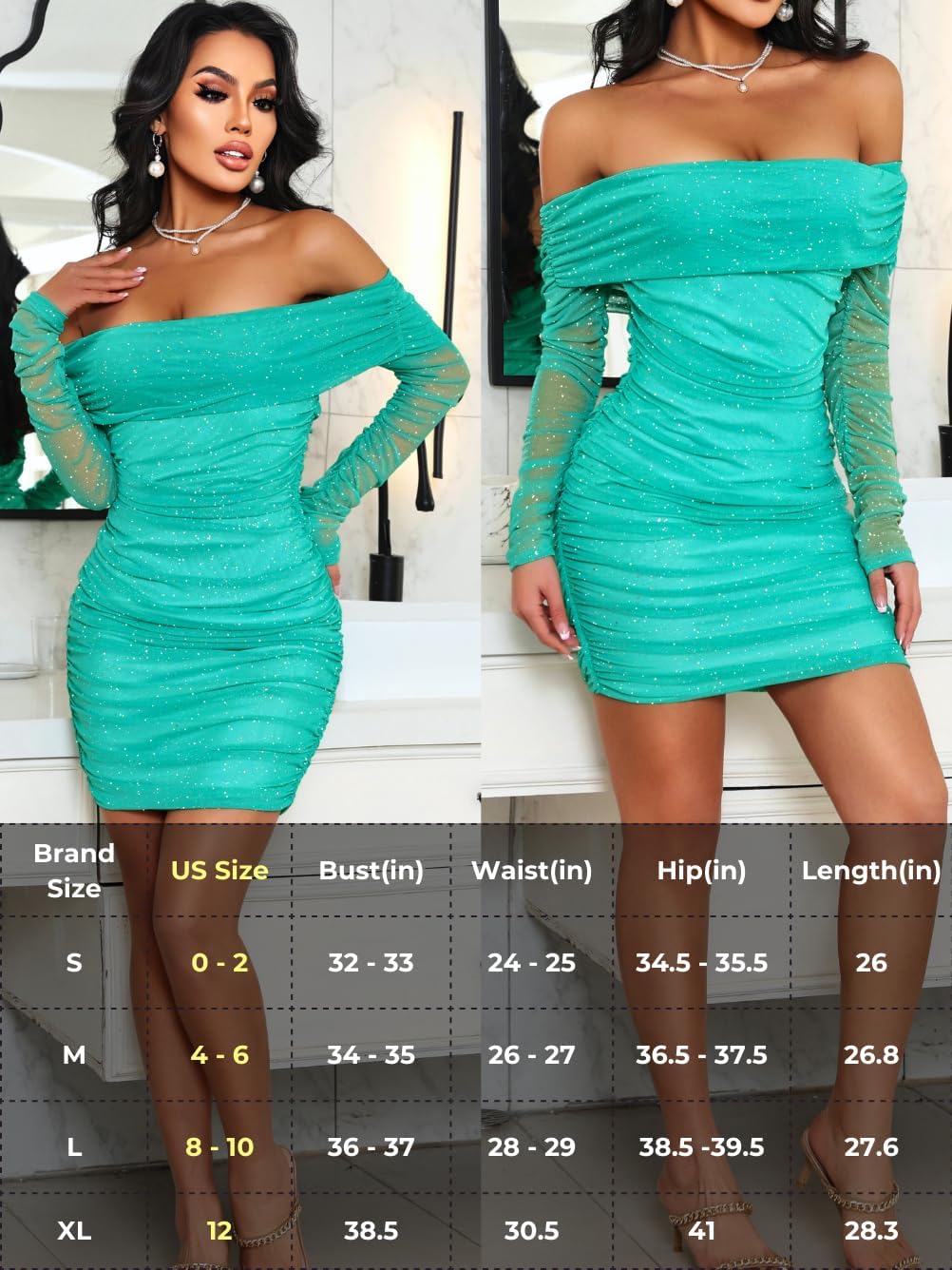 Kaei&Shi Sparkly Off Shoulder Dress,Mesh Long Sleeve Ruched Bodycon Corset Dresses Women,Sexy Birthday Outfit Club Going Out - Image 6