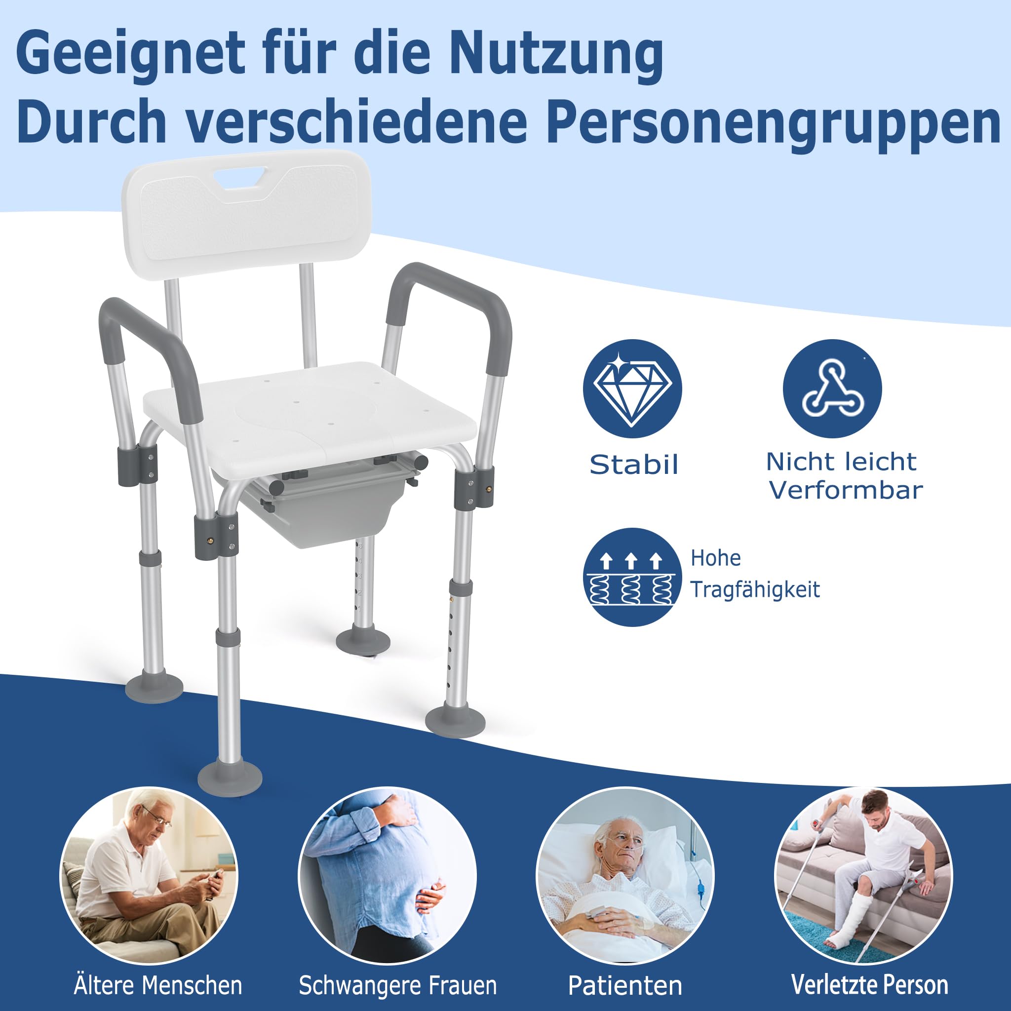 Aluminiowe higieniczne krzesło toaletowe z regulacją wysokości, ze zdejmowanymi podłokietnikami, oparciem, stołkiem prysznicowym, antypoślizgowe, do 150 kg