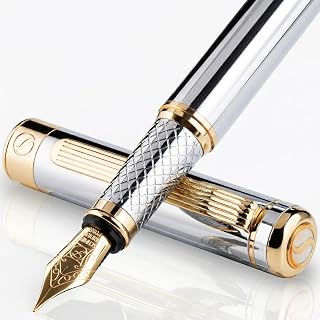 Scriveiner Silver Chrome Fountain Pen - Stunning Luxury Pen, Real Gold Finish, Schmidt Gilded Nib (Fine), Best Gift Set for Men & Women Professional Executive Office Fancy Nice Designer Pen