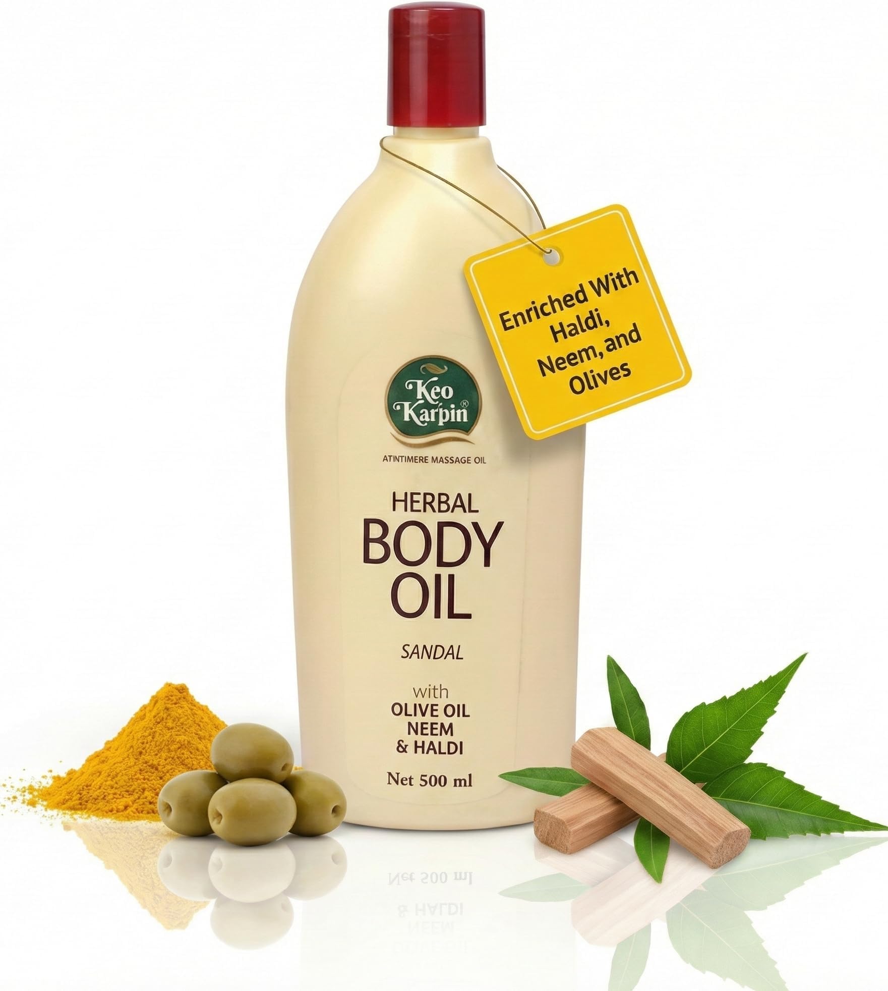 Keo Karpin Ayurvedic Body Oil | Non-Sticky, Sandal Fragranced Herbal Body Oil, Enriched With Olive Oil, Neem And Haldi | 500ml |