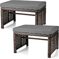 Beeveer 2-Pack Patio Rattan Ottomans with Removable Cushions - Outdoor Wicker Footrests, Seats & Side Tables for Backyard Balcony Poolside (Gray/Black)