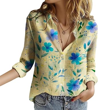 Womens Boho Floral Shirts Button V Neck Long Sleeve Blouses Dressy Casual Work Shirt Loose Summer Fall Vacation Tops
