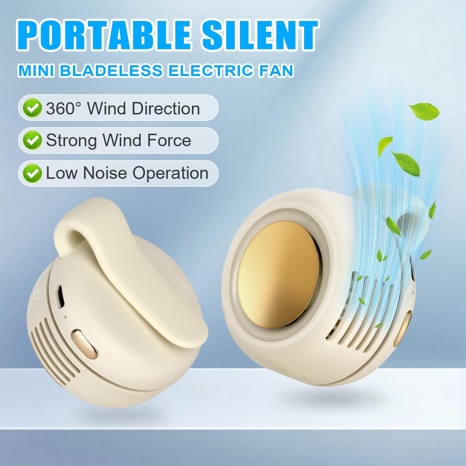 Mini ventilatore elettrico senza pale, portatile, silenzioso, a 3 velocità, con clip su vita e collo, ricaricabile, piccolo ventilatore elettrico da viaggio per vita all'aperto, viaggi, ufficio