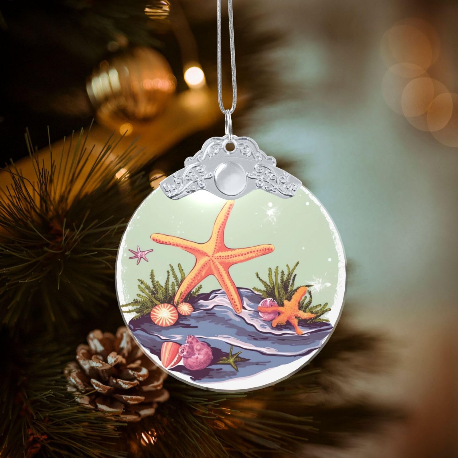 Starfish and Seaweed Illustration Christmas Ornament 2025, Round Glass Xmas Hanging Pendant for Xmas Tree Decoration,Cute Holiday Hanging Decorations Keepsake for New Year Family Party Wedding Decor